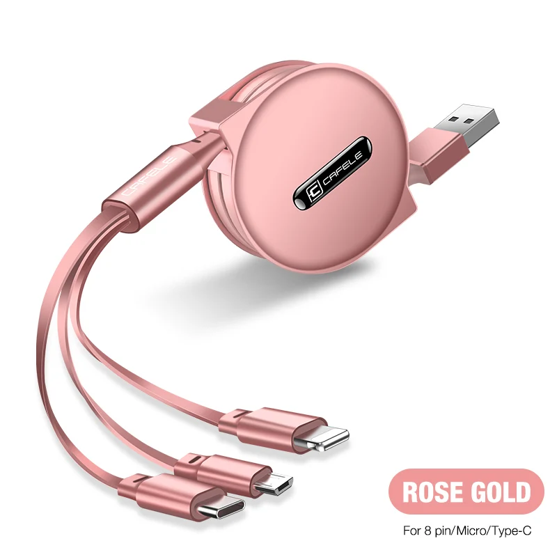 CAFELE 3 в 1 Выдвижной USB кабель Micro type C 8 Pin USB кабель для iPhone samsung huawei xiaomi Синхронизация данных USB кабель макс 110 см - Цвет: Rose gold