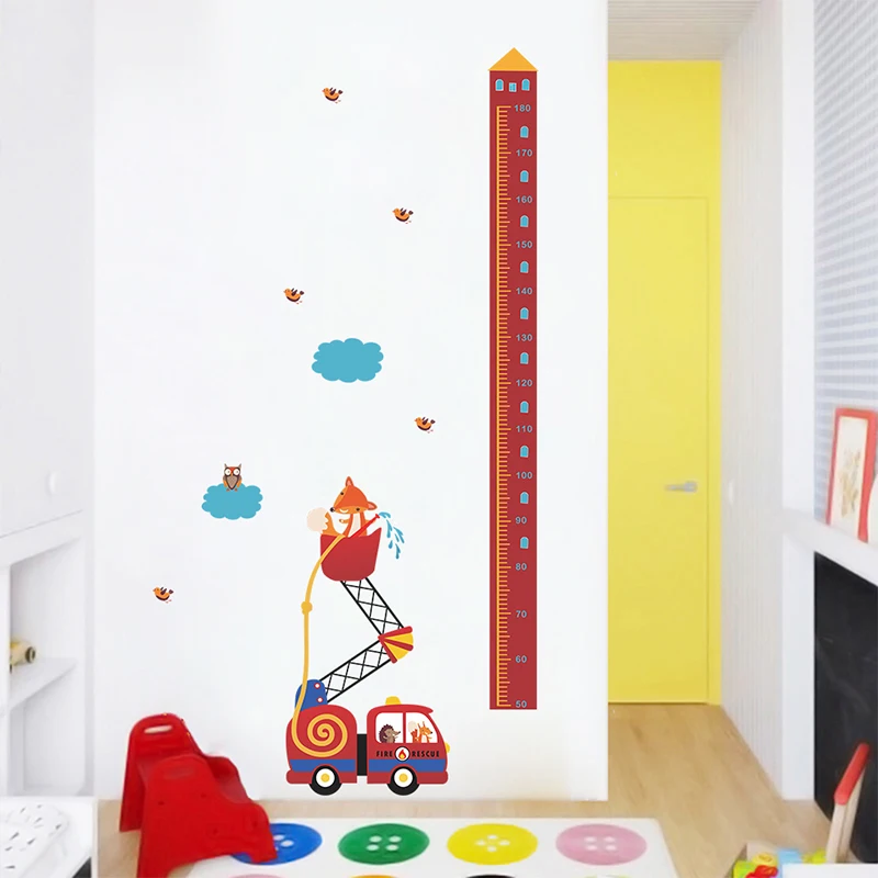 

Cartoon Fox Owl And Fire Engine Height Measure Wall Stickers For Kids Room Home Decor Growth Chart Wall DIY Mural Art PVC Decals