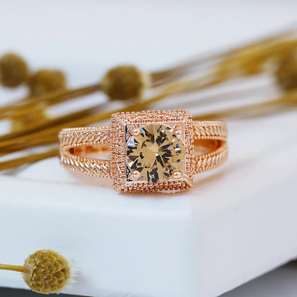 Huitan роскошное розовое золото Женское Обручальное кольцо с шармами камень цвета шампань геометрический узор дизайн много и оптом кольца