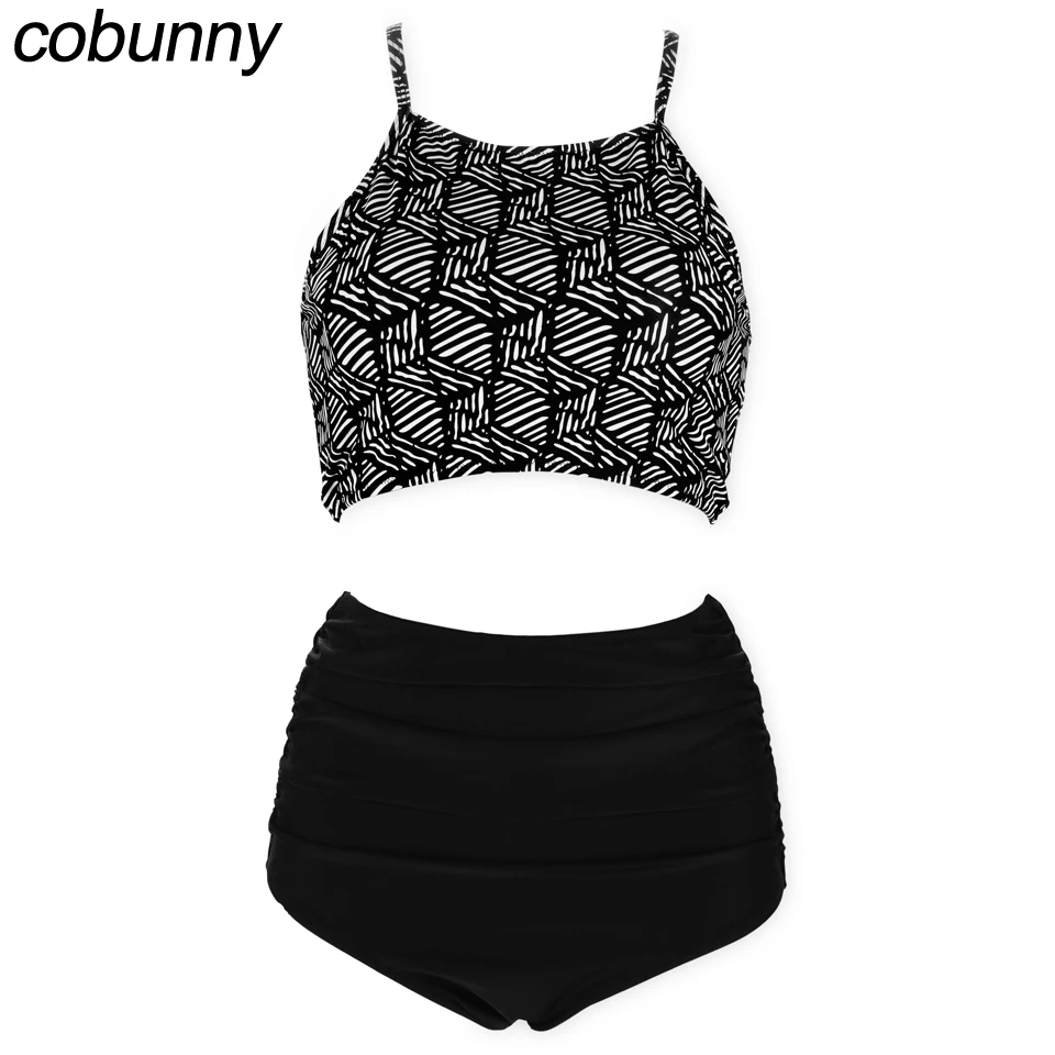 Cobunny 2018 High Waist Bikini Set Print Swimwear Women High Neck Beach Wear Swimsuit High Waist