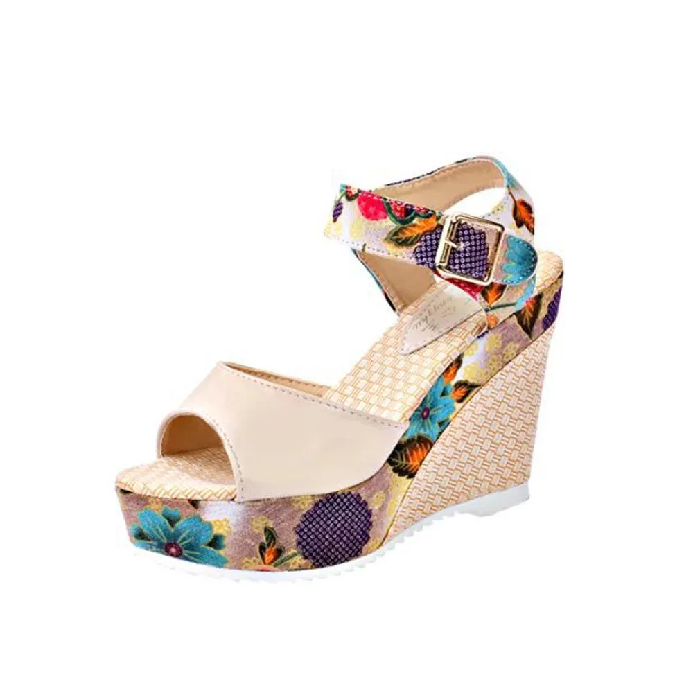 

Women Printed Slope Sandals Summer Wedges Platform Toe High-Heeled Shoes