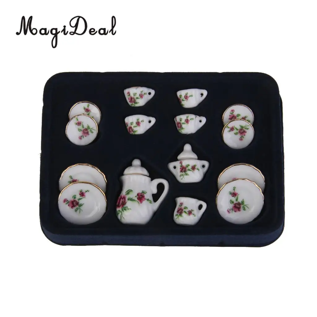Magideal 15 قطعة/المجموعة دمية الخزف إبريق الشاي مجموعة طبق المائدة مصغرة كوب طبق الطعام وير الأحمر الفاوانيا للأطفال لعبة