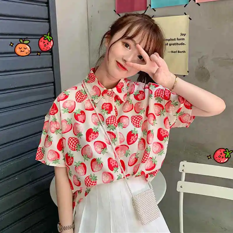 

Sweet Strawberry Printed Shirt Women Short Sleeve Turn Down Collar Loose Top Blouse New Summer Cute Stuff Women Clothing Shirt