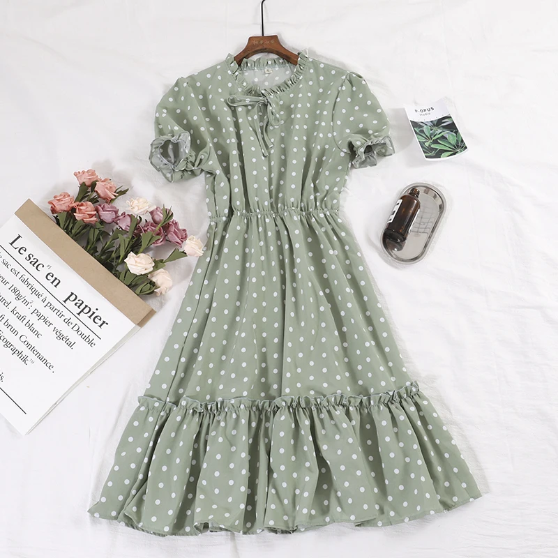 

Women Summer Lantern Sleeve Bandage Strap Polka Dot Chiffon Bow Dress Vintage A-line Elastic Slim High Waist Pullover Midi Dress