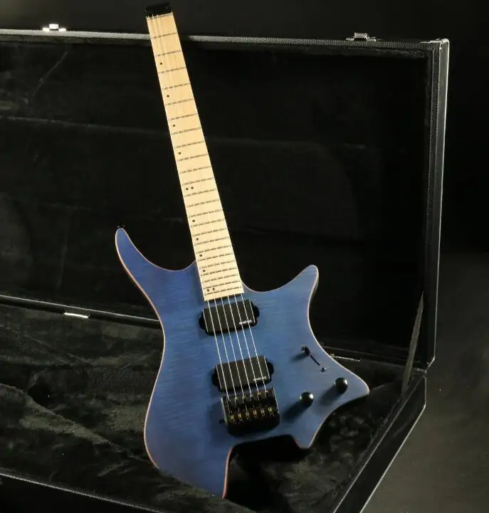 

Headless Electric Guitar Solid Mahognay Body Flamed Maple Top Stain Finish Maple Fingerboard EMG Pickups