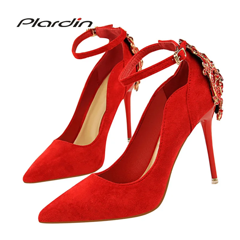 

Plardin Thin Heels Women Pumps Wedding Shoes Ankle Strap Women Shallow Mouth Pointed Crystal Metal Decoration Women Shoes