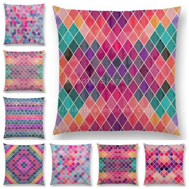 

Lovely Geometric Pattern Pastel Cushion Cover Sofa Pillow Case Triangles Diamond Rainbow Gradient Color Wave Glitter Version