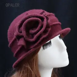 QPALCR Для женщин купол шерсть Fedora среднего возраста дамы шерсть шапка мама Шапки в осень-зима Шляпа Сплошной цветочный теплые Кепки