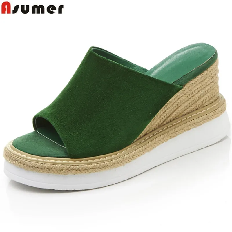 green suede mules