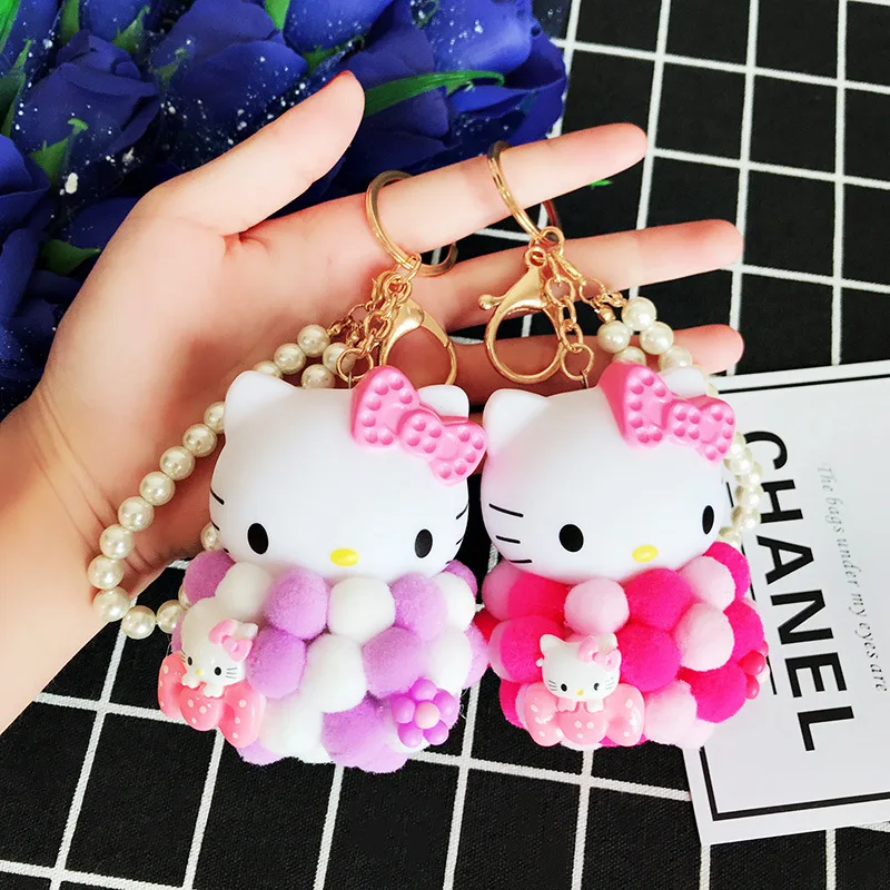 

Pom Pom Imitation Pearls Keychain Cartoon Anime Hello Kitty Keychain Fluffy Rabbit Fur Key Chain Women Bag Charm Pompom Keyring