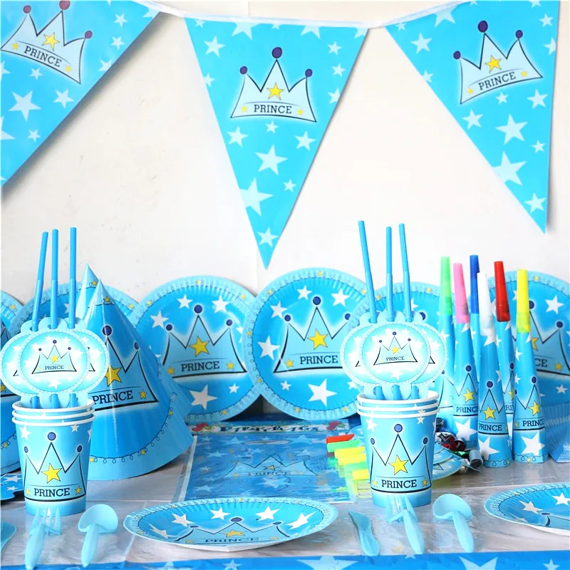 

65Pcs Kids Boys Baby Blue Crown Prince Theme Cartoon Birthday Decorative Party Event Supplies Favor Items For Children 10 People