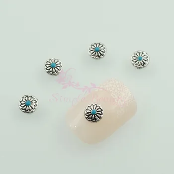 

100PCS/LOT Vintage Ethnic Style 5MM Round Flower Pattern Silver Grey Metal Studs Alloy Charms Nail Art Manicure Crafts DIY Decor