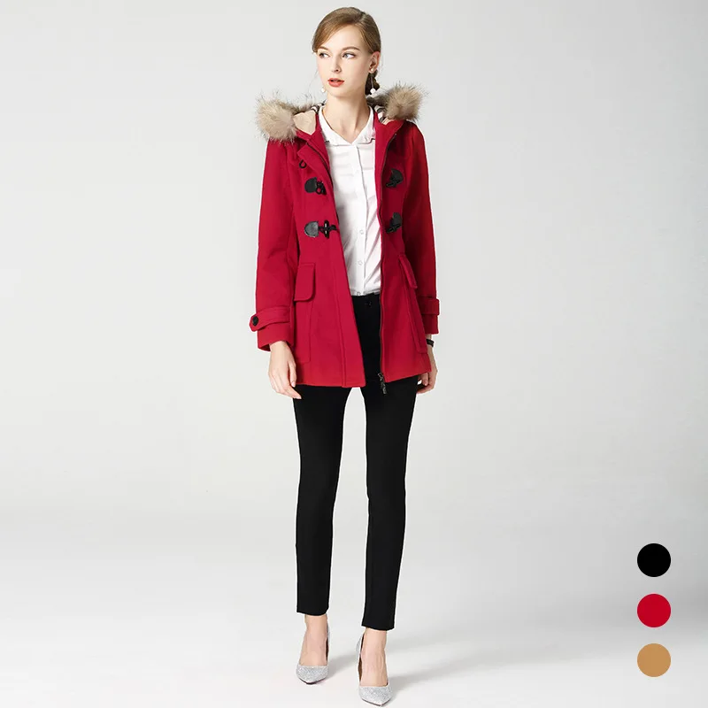

2018 NEW Burdully women Winter warm long woolen coat thick faux fur hooded buckle outerwear long sleeve blends pockets tops