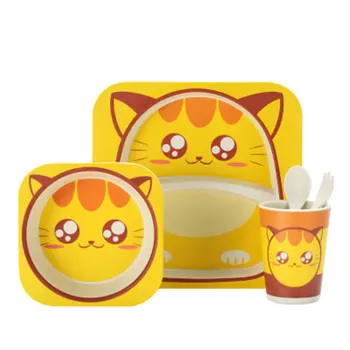 

New 5 Sets Of Children's Tableware Cartoon Rice Baby Feeding Bowl Meal Bowl Bamboo Fiber Kids Cute Cutlery Boy Girl Dinnerware