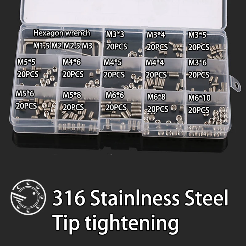 

DIN914 260Pcs M3 M4 M5 M6 316 Stainless Steel Grub Screws Cone Point Hexagon Hex Socket Set Screws