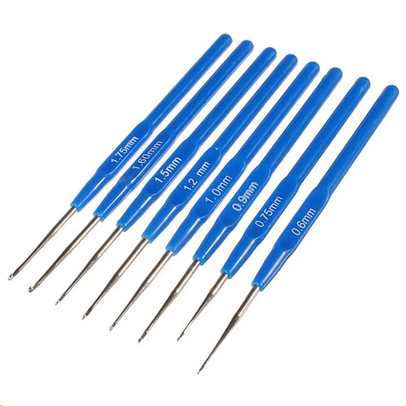 

8pcs/Set 0.6-1.75 mm Meal Crochet Hook Knit Knitting Needle Weave Craft Tip Yarn Blue Plastic Sewing Tools New