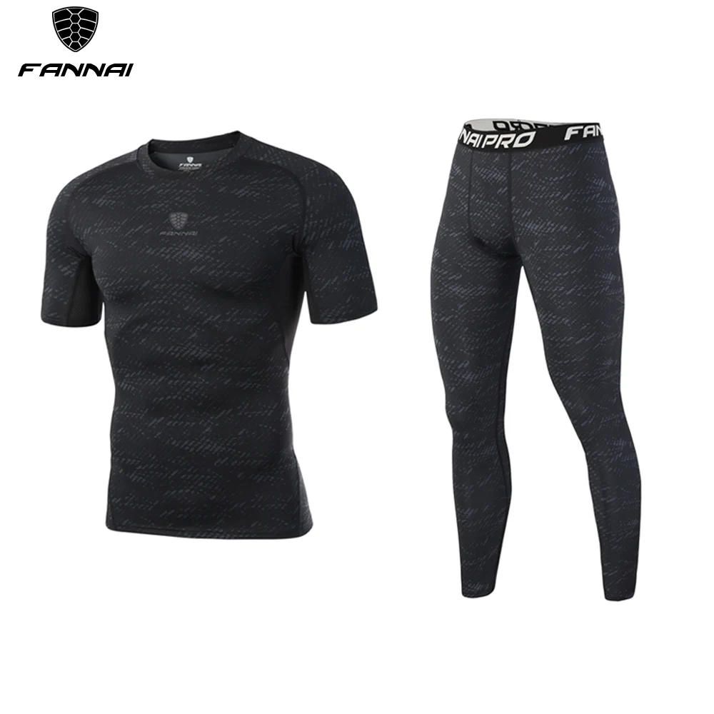 Men Compression Shirt Base Short Sleeve t shirts Side Hot Bottom MMA Tights Fitness Sportswear Men's Set Three Pieces Clothing