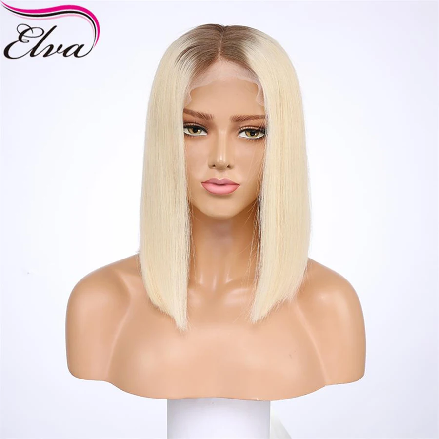 

ELVA Ombre Lace Front Human Hair Wigs Pre Plucked With Baby Hair 2#/613 Color Bob Straight Lace Front Wigs Brazilian Remy Hair