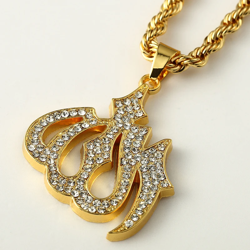 FIZIZDH Stainless Steel CZ Islamic Allah Pendant Necklace Muslim Islam Necklace,Unisex,24 Inch Link Chain