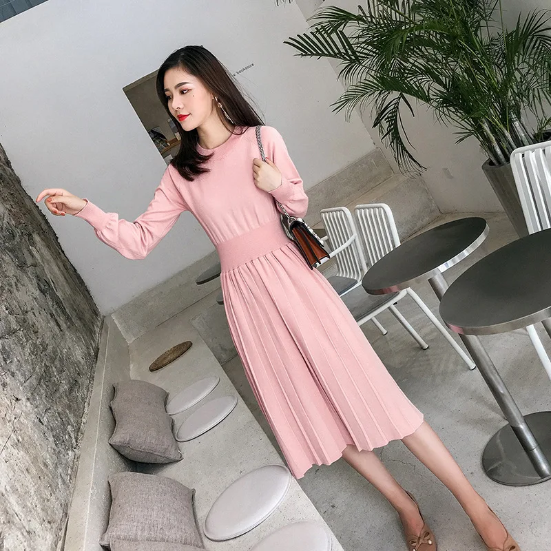 Winter Autumn Female Elegant Long Sleeve Girl Slim Dresses Vintage A-line Pleated Knitwear Knitted Sweater Dress for Women