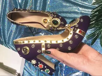 

New Design Luxury Women Crystal High Heels Purple Suede Rivets Studs Wedding Party Shoes Zapatos Mujer Sexy Shining Pumps Woman
