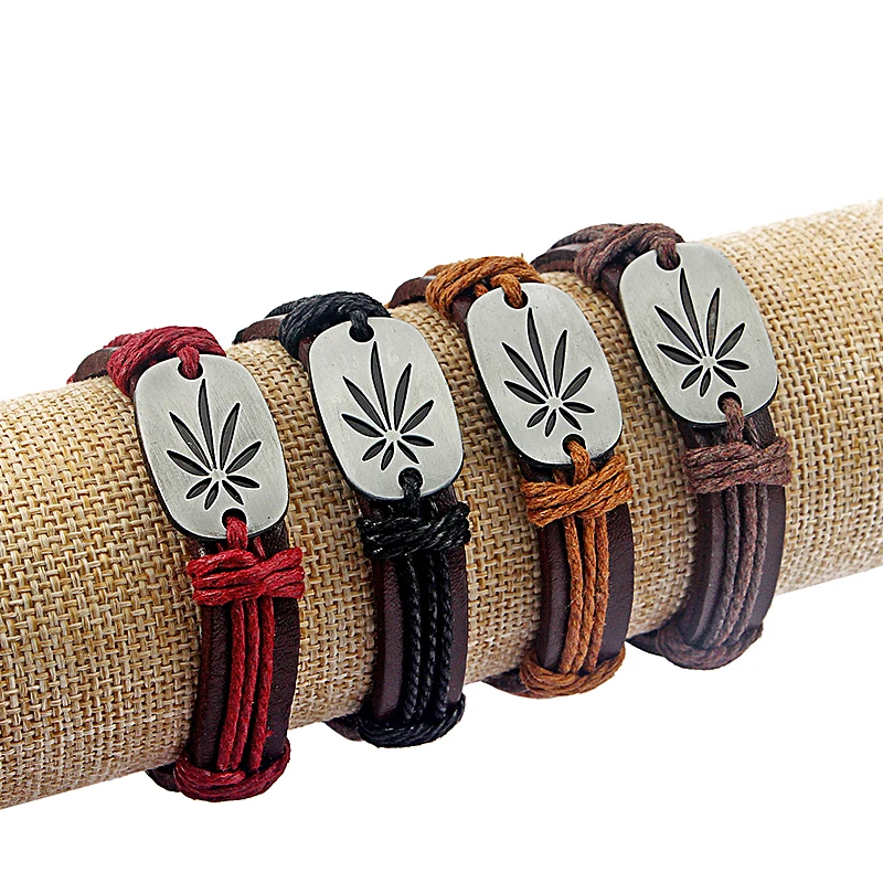 

12pcs Wrapped hemp Weed Leaf Charm Leather Friendship Bracelet WRISTBAND Surfer