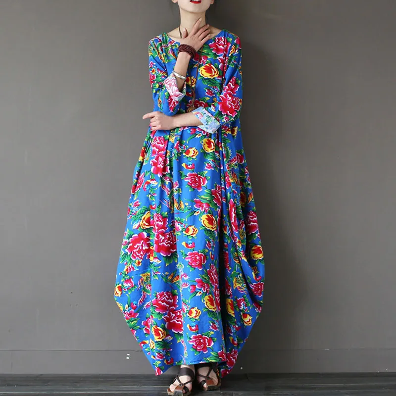 

SCUWLINEN 2019 Spring Women Dress Plus Size Long Vintage Floral Print Loose Big Bottom Cotton Dress Casual Print Robe X01635