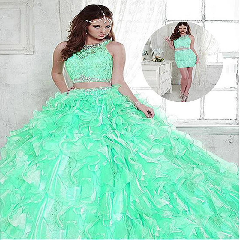 

2017 Gorgeous Two piece 2 In 1 Ball Gown Quinceanera Dresses With Detachable Skirt Beaded Lace Appliques Prom Gowns