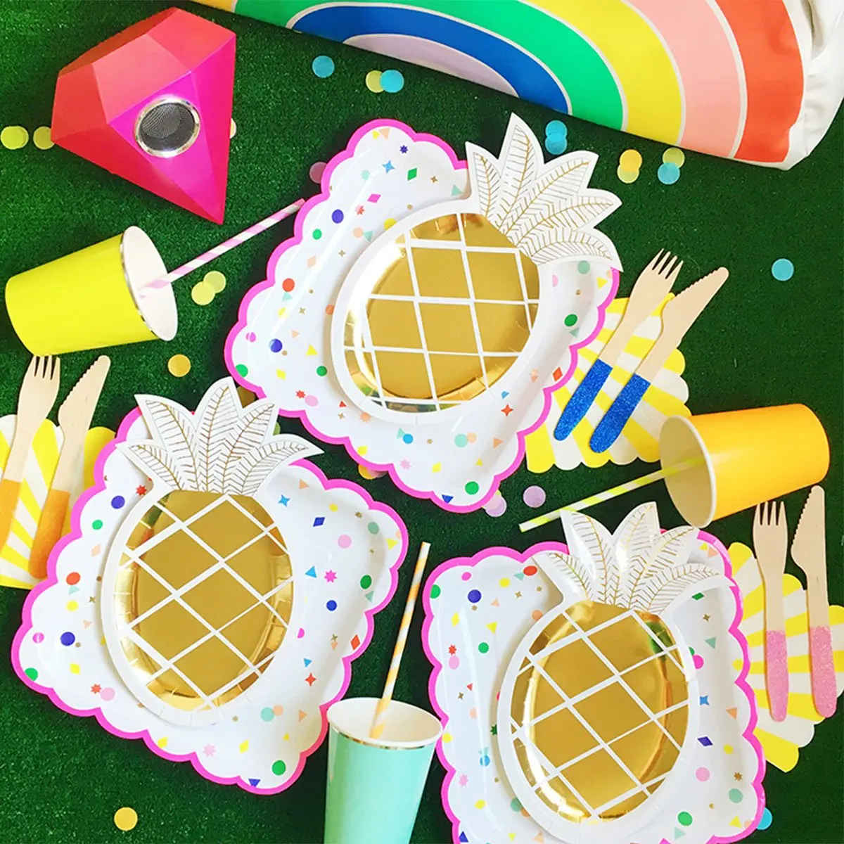 ZLJQ 8 шт. золотой фольги ананас бумажные тарелки розовое золото одноразовые чашки набор посуды для Luau Гавайский День рождения украшения