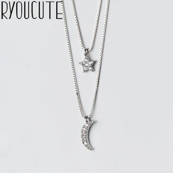 

RYOUCUTE 100% Real Pure Silver Color Jewelry Boho Long Chain Layered Moon Star Necklaces For Women Gifts Kolye Collar