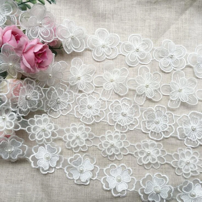 

White Pearl Flower Handmade Beaded Embroidered Lace Edge Trim Ribbon Double Layered Applique Dress DIY Sewing Craft