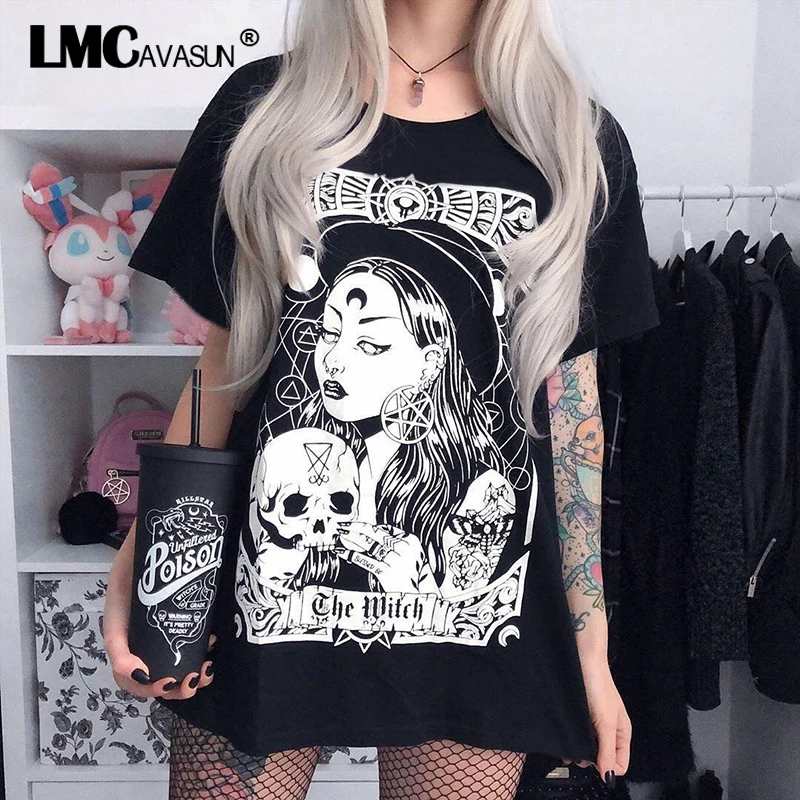 

LMCAVASUN Black Loose Punk Grunge Gothic T-shrits Harajuku Vintage Autumn 2019 Fashion Print Female Tshirts Aesthethic Casual