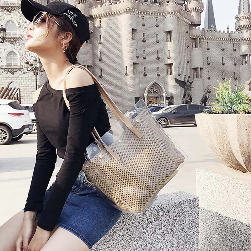 New Women Summer Transparent Handbag INS Popular Female Travel Straw Composite Bags Beach Lady Shoulder Bag Large Bolsa SS3316 (6)