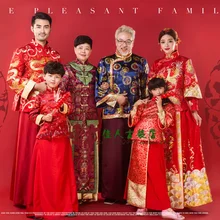 Juego de 6 piezas hogar es todo Vintage rojo tradicional Tang Suit familia reunión foto padres-niño traje Hanfu conjuntos