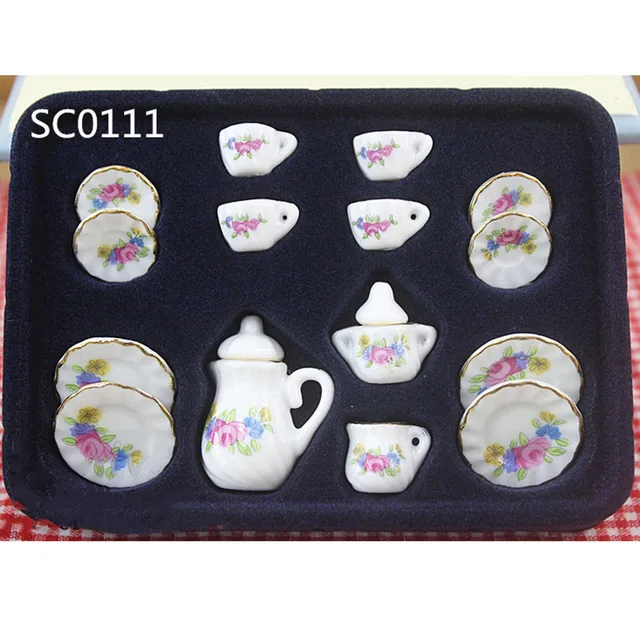 15Pcs 1/12 Dollhouse Miniature Accessories Mini Ceramics Tea Set Simulation Kettle Plate Cup Model Toys Doll House Decoration sc0111
