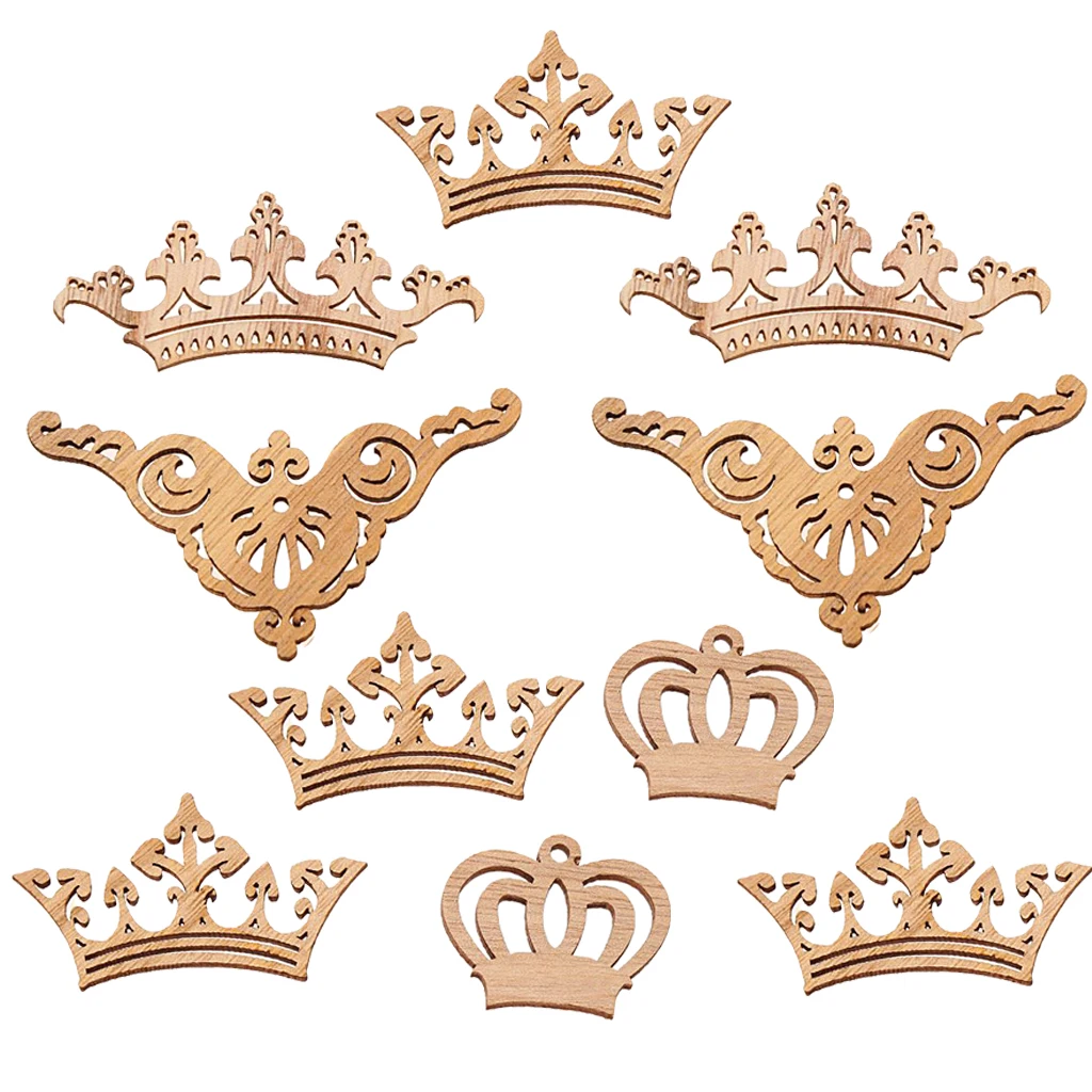  10x Natural Unfinished Wood Hollow Crown Wooden Shapes Scrapbooking Embellishments Tags for Card Making DIY Craft Painting