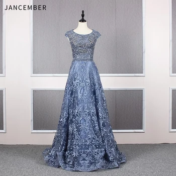 

JANCEMBER vestido noche elegante largo Appliques Beading Pattern Pearls O-Neck Cap Sleeve Floral Print A-Line robe soirée femme