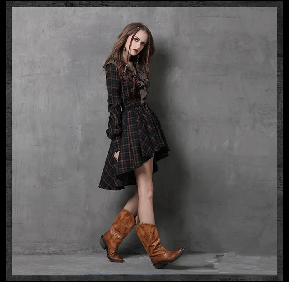 Vintage Autumn Elegant Plaid Women Dress Tunic 90% Cotton Dress Women Long Sleeve Ruffles Vestidos Femininos Vintage Dresses (9)