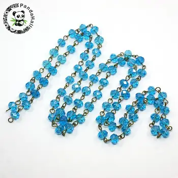 

8mm Handmade Glass Faceted Abacus Beads Chains,with Glass Faceted Abacus Beads and Iron Eyepins, Antique Bronze, DeepSkyBlue