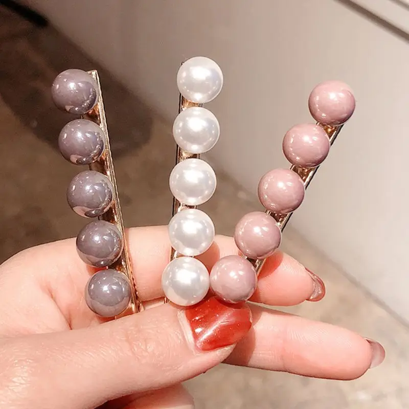 Women Minimalist Style Metal Alloy Straight Duckbill Hair Clips Round Peas Ball Faux Pearl Decor Hairgrips Glitter Metallic Barr
