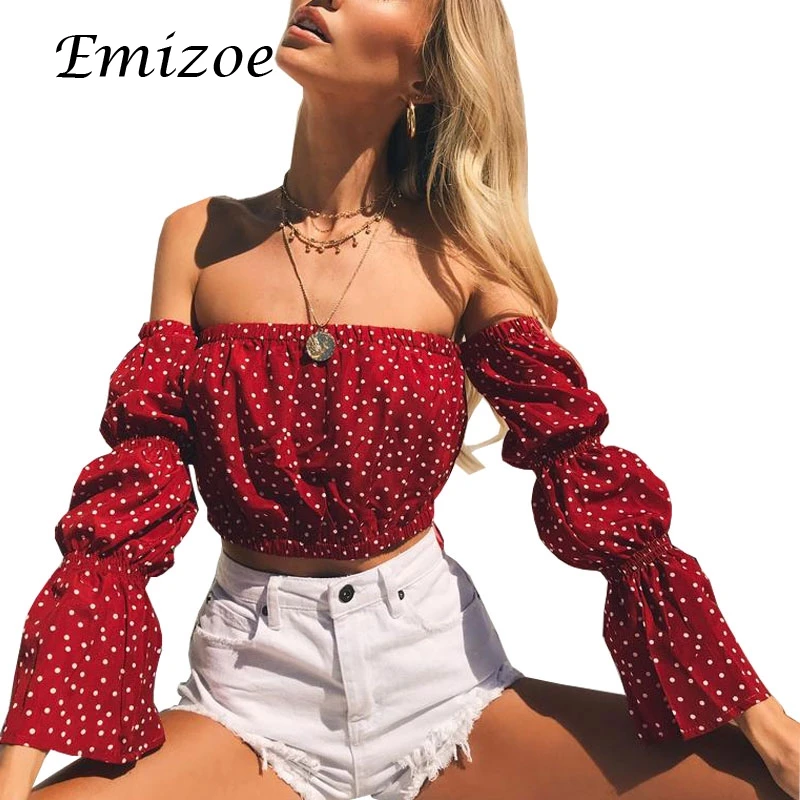 Emizoe 2018 летнее платье в горошек с принтом женские блузки рубашки открытыми