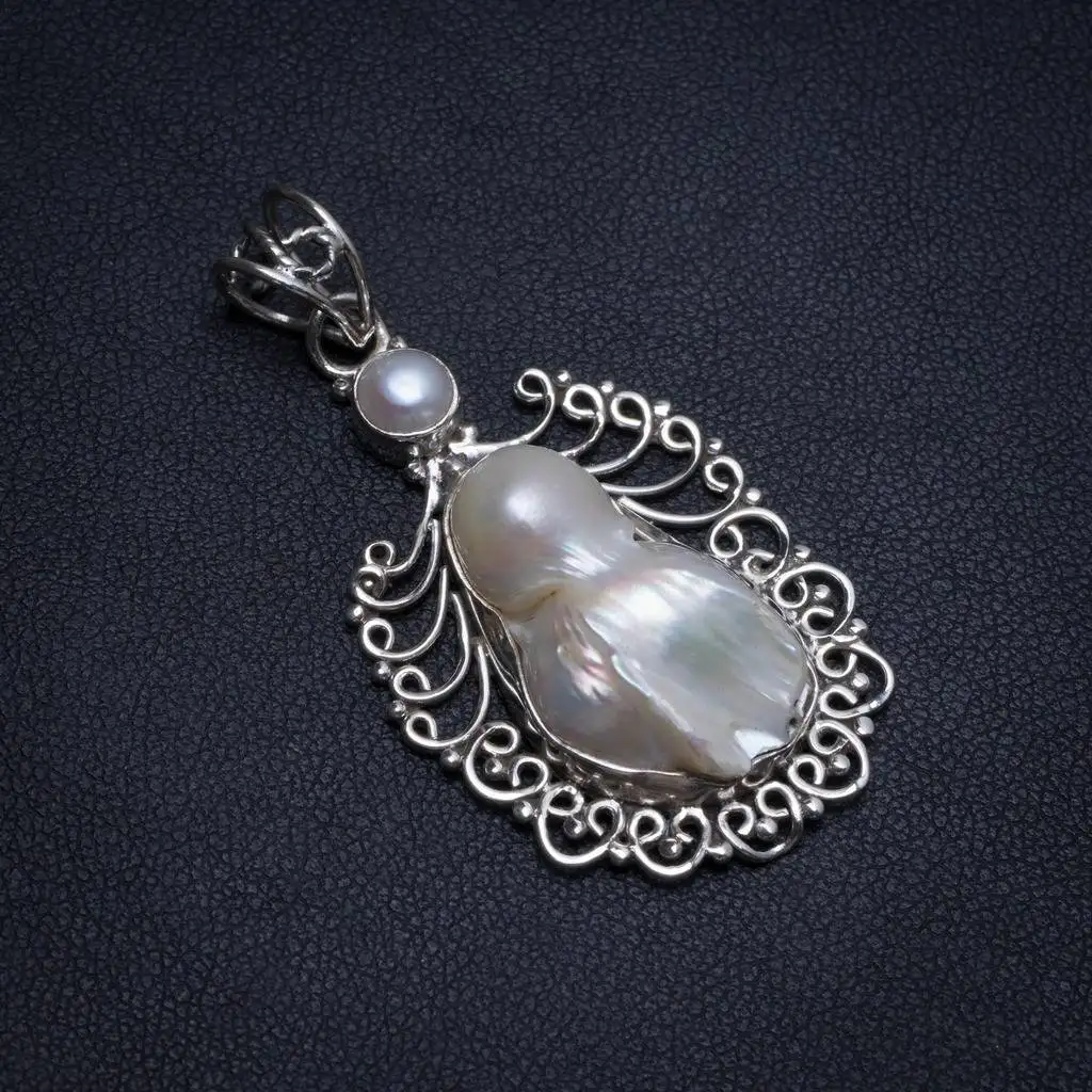 

Natural Biwa Pearl and River Pearl Handmade Unique 925 Sterling Silver Pendant 2" T0373
