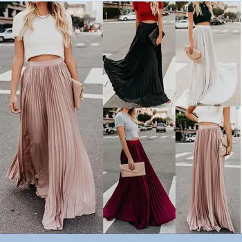 

2019 Hot New Elegant Womens Casual Chiffon Long Skirt Ladies Beach Skirt Pleated Sundress