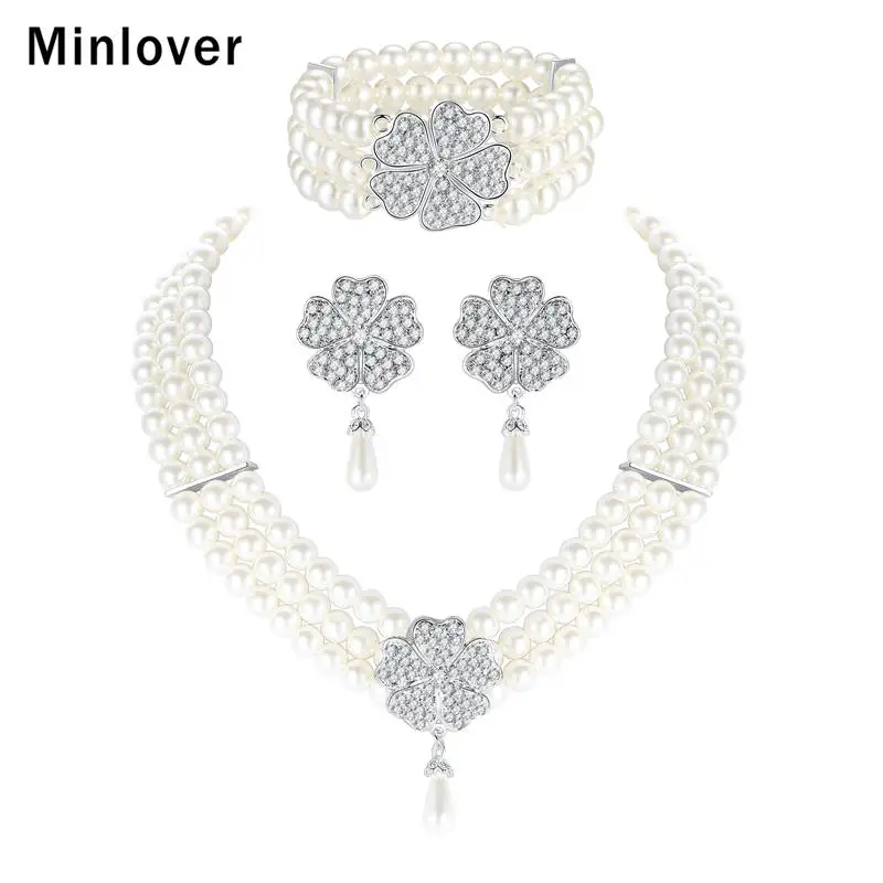 

Minlover Flower Imitated Pearl Bridal Jewelry Sets Statement Wedding Bracelet Earrings Necklace Sets Party Accessories TL371