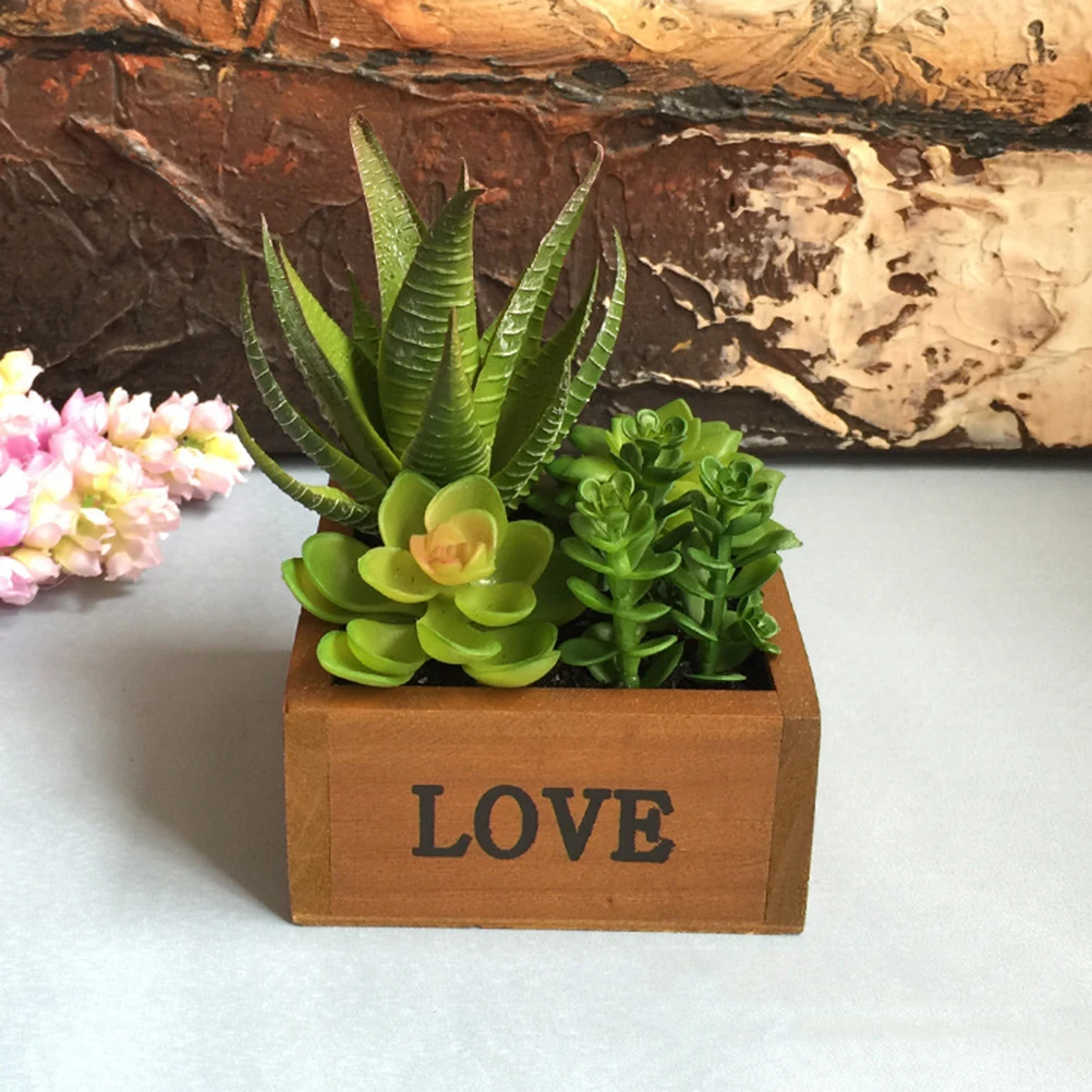 

Mini Artificial Potted Succulents Simulation Green Plants Creative Imitaton Wood Pot Bonsai Decor (Aloe Set)