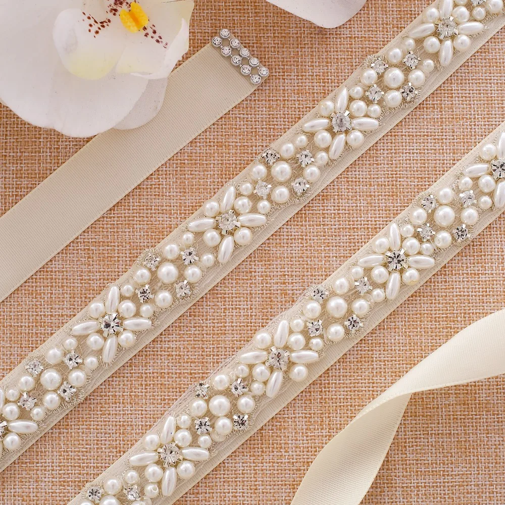 Pearls Wedding Belt Handmade Crystal Bridal Sash Simple Silver Rhinestones Bridal Belt Sash For Wedding Dresses