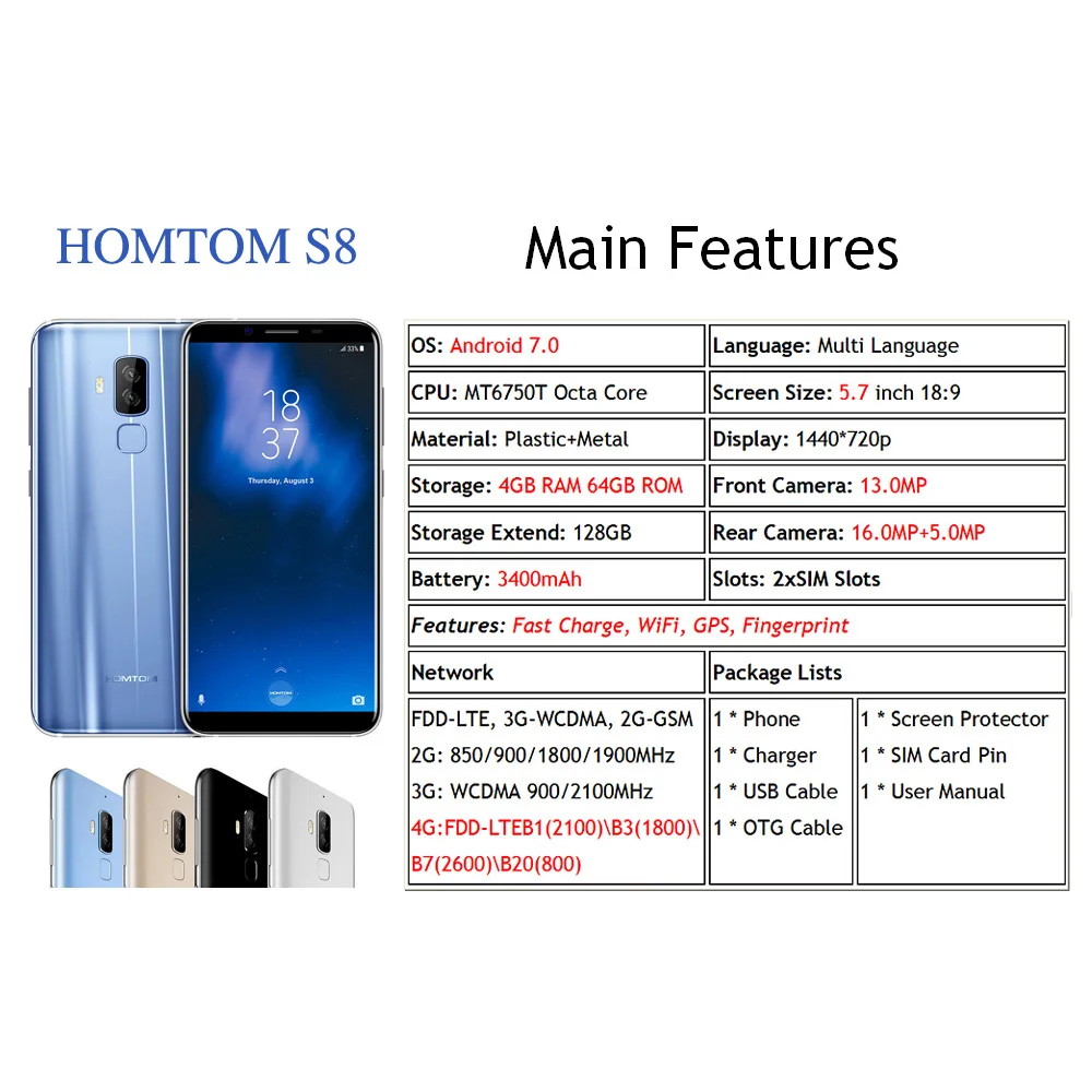HOMTOM S8 Smartphone16.0MP+ 13.0MP 5,7 дюймов Быстрая зарядка 4G FDD-LTE MTK6750T Восьмиядерный Android 7,0 4 Гб+ 64 Гб 3400 мАч мобильный телефон