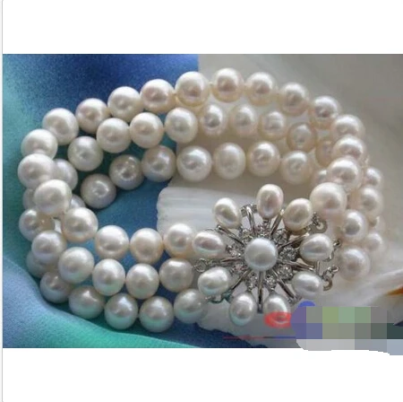

p1752 3ROW 8" 10mm WHITE ROUND FRESHWATER PEARL BRACELET@^Noble style Natural Fine jewe SHIPPING new >>free shipping