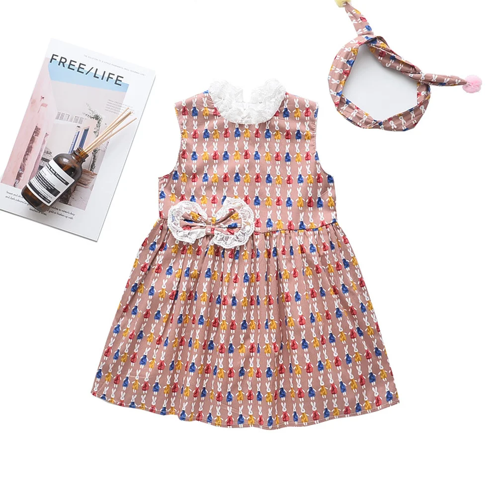 

2019 Korean Girls Bunny Lace Bow Vest Dress Headband Summer Children's Wear Kids Dresses for Girls