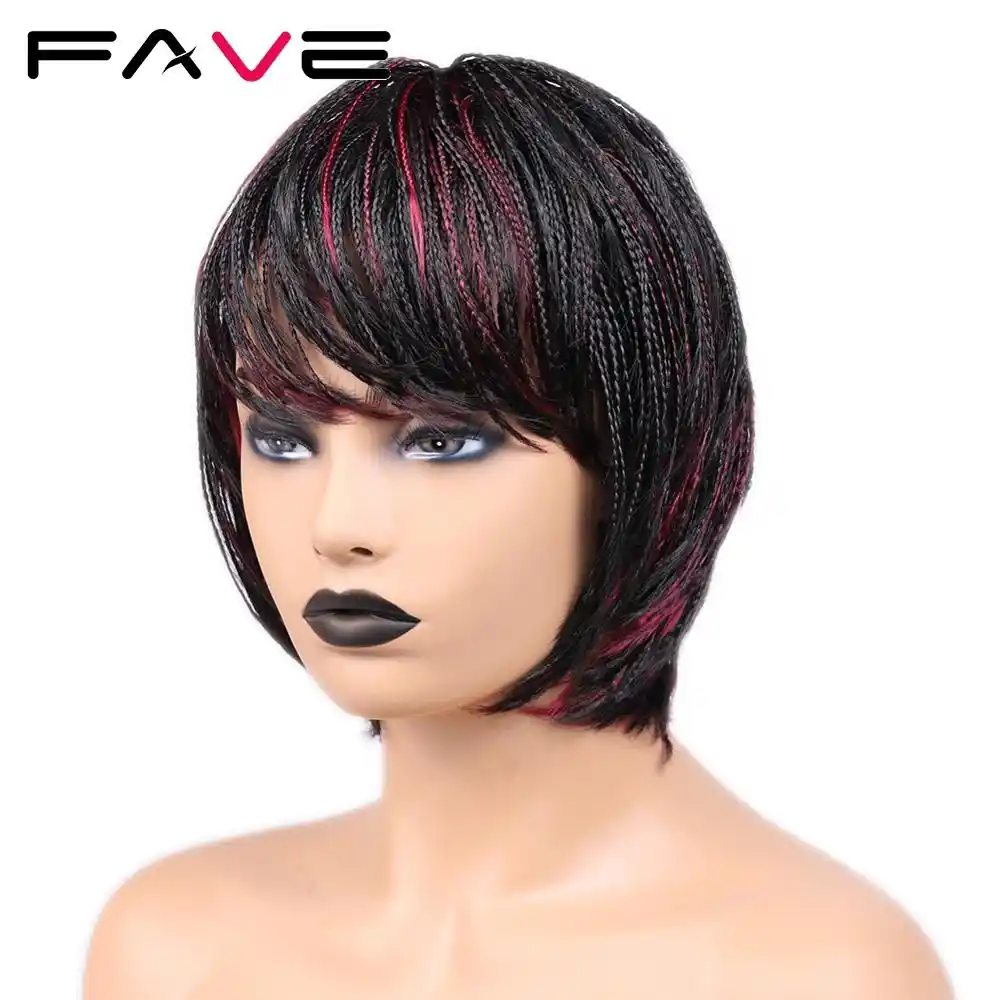 Crochet Three Short Braids Bob Synthetic Wigs With Bangs Twist Hair Extensions 1b Burg Box Braiding Hair For Black Women